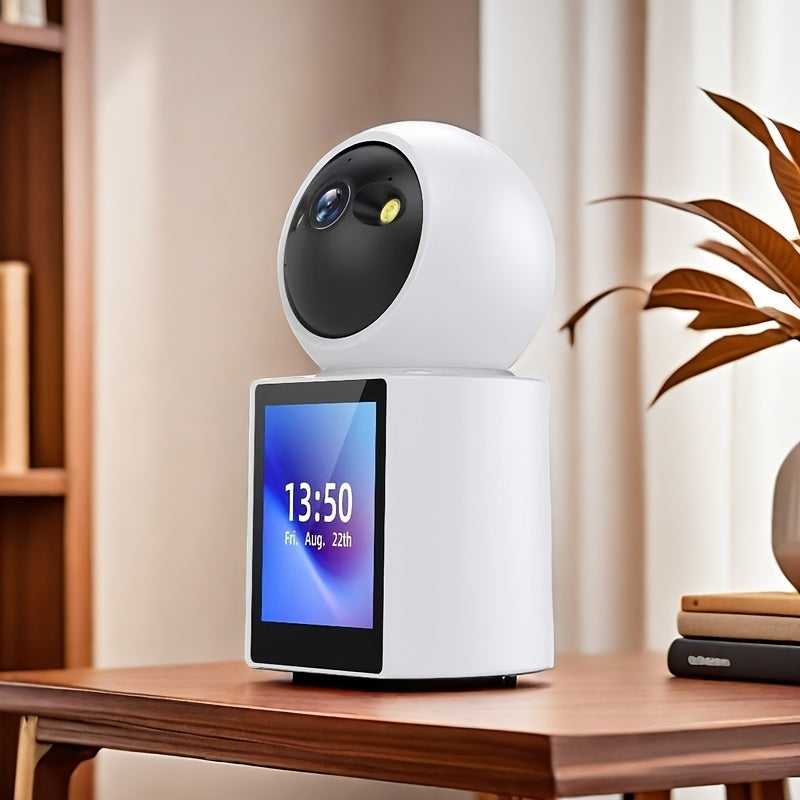 Smart white pet camera with integrated display screen sitting on a wooden table indoors.