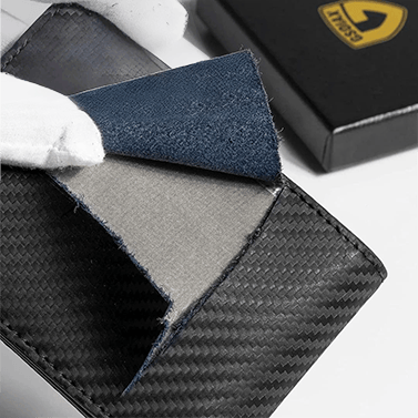 Men's leather card holder displaying multiple slots and cash strap