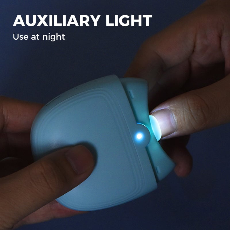Hand holding electric nail clipper demonstrating easy one-handed operation