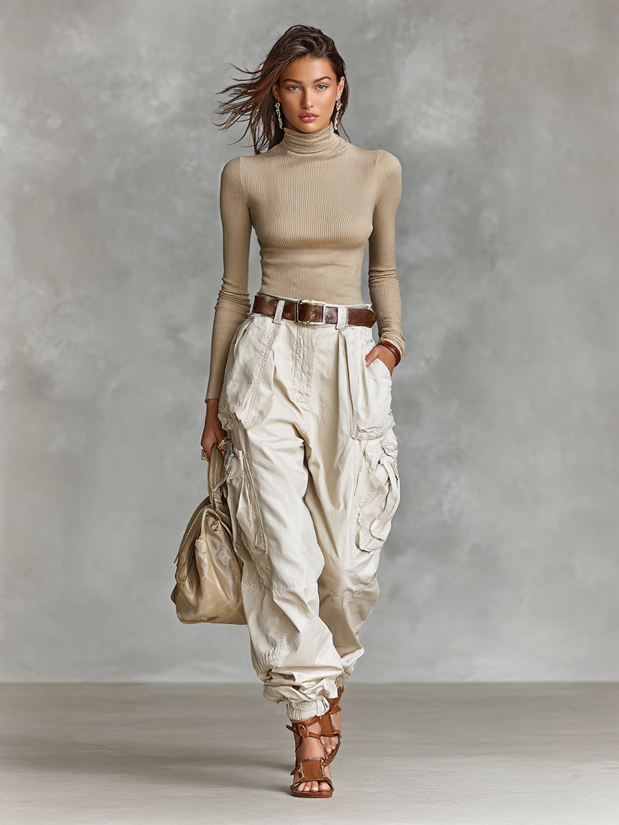 Khaki women's high neck top and cargo pants matching set for utility fashion