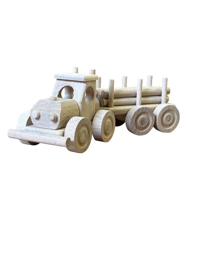 Side profile of beech wood toy truck with detachable hauling trailer