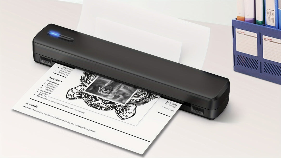 MiniThermo wireless portable printer printing a document on a desk