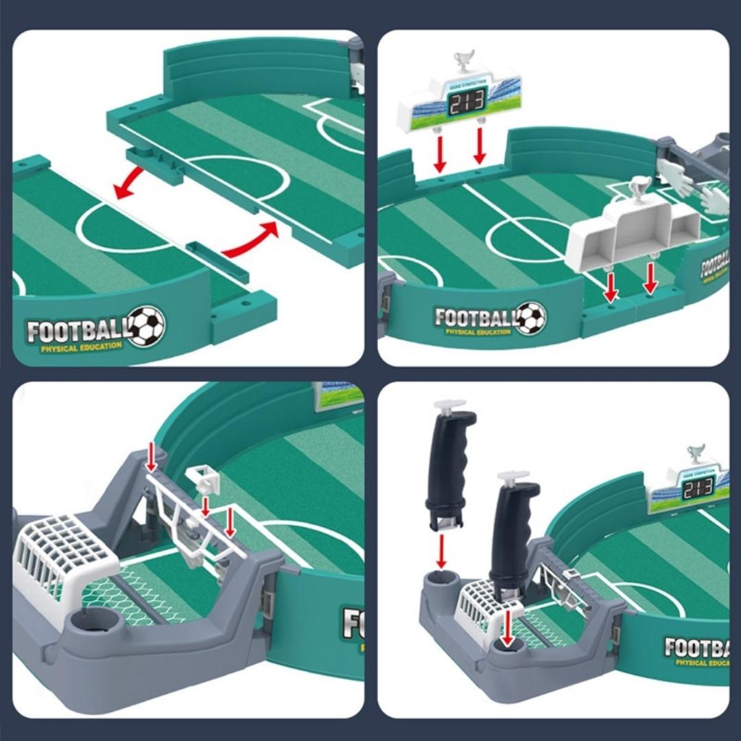 Set of players and soccer balls included in the portable tabletop foosball game kit