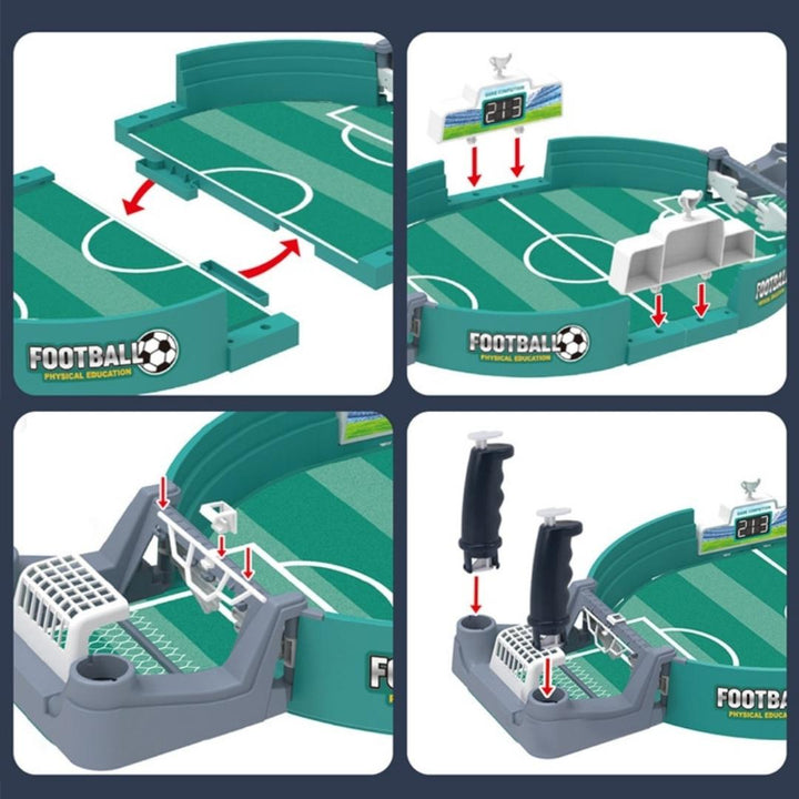 Set of players and soccer balls included in the portable tabletop foosball game kit