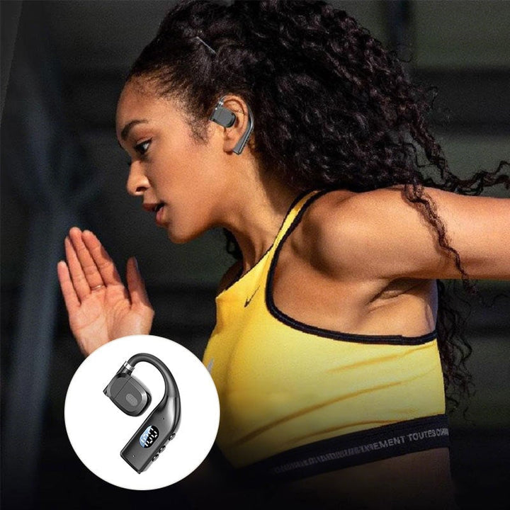 Black unisex bluetooth headset worn on model for business calls