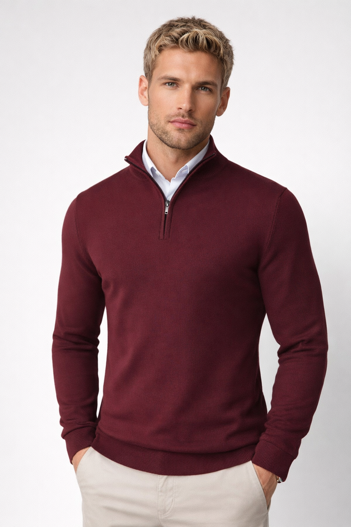 Detailed view of fine knit texture and cuff on mens winter fashion sweater