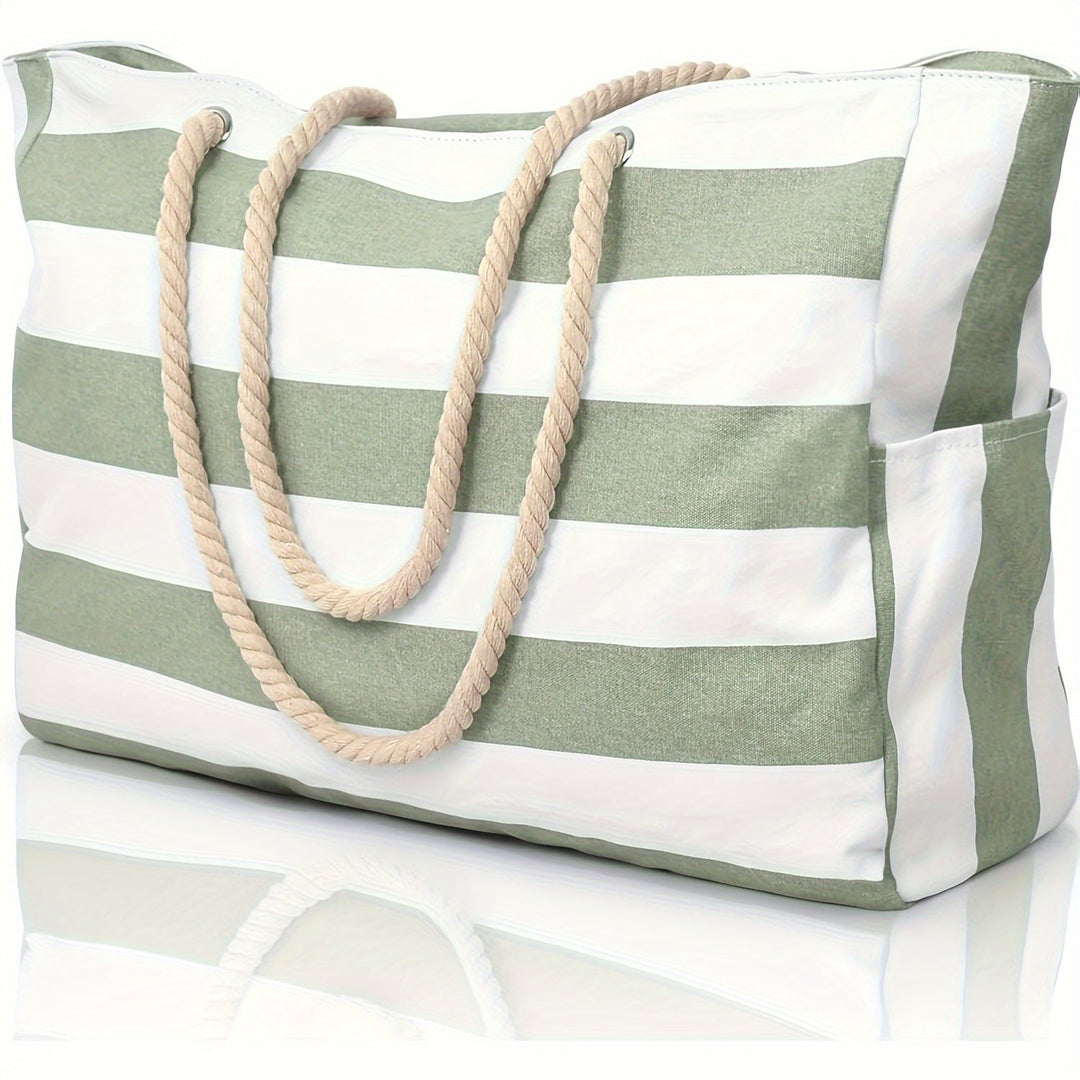 Light green and white striped beach bag with rope handles