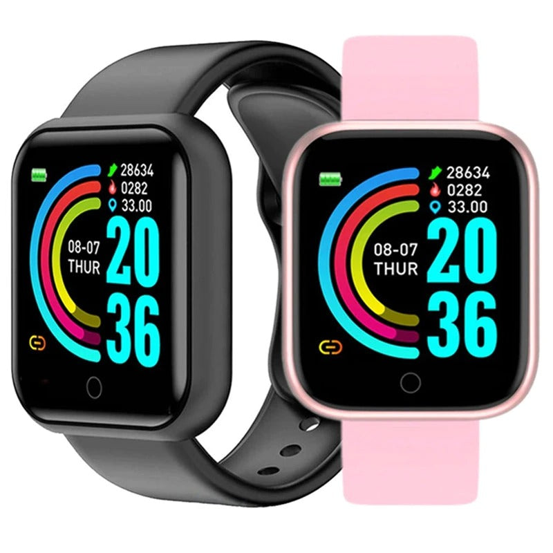 Black and pink multifunctional smartwatches displayed side by side showing colorful digital watch faces.