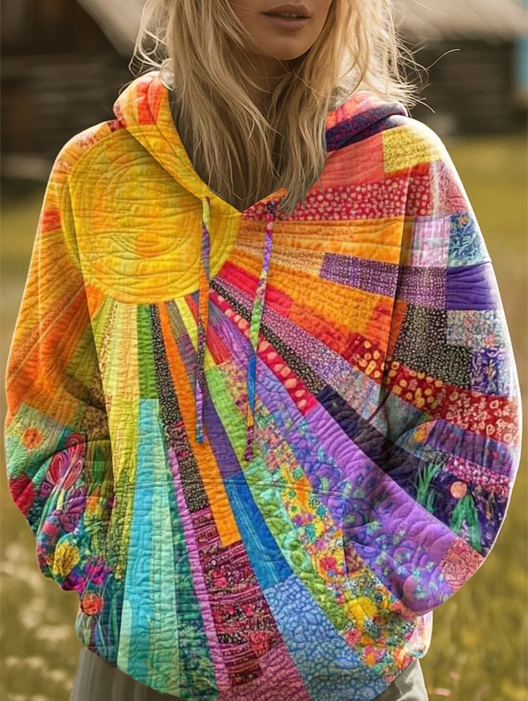 Woman wearing a colorful artistic bohemian patchwork hoodie with a sunburst pattern