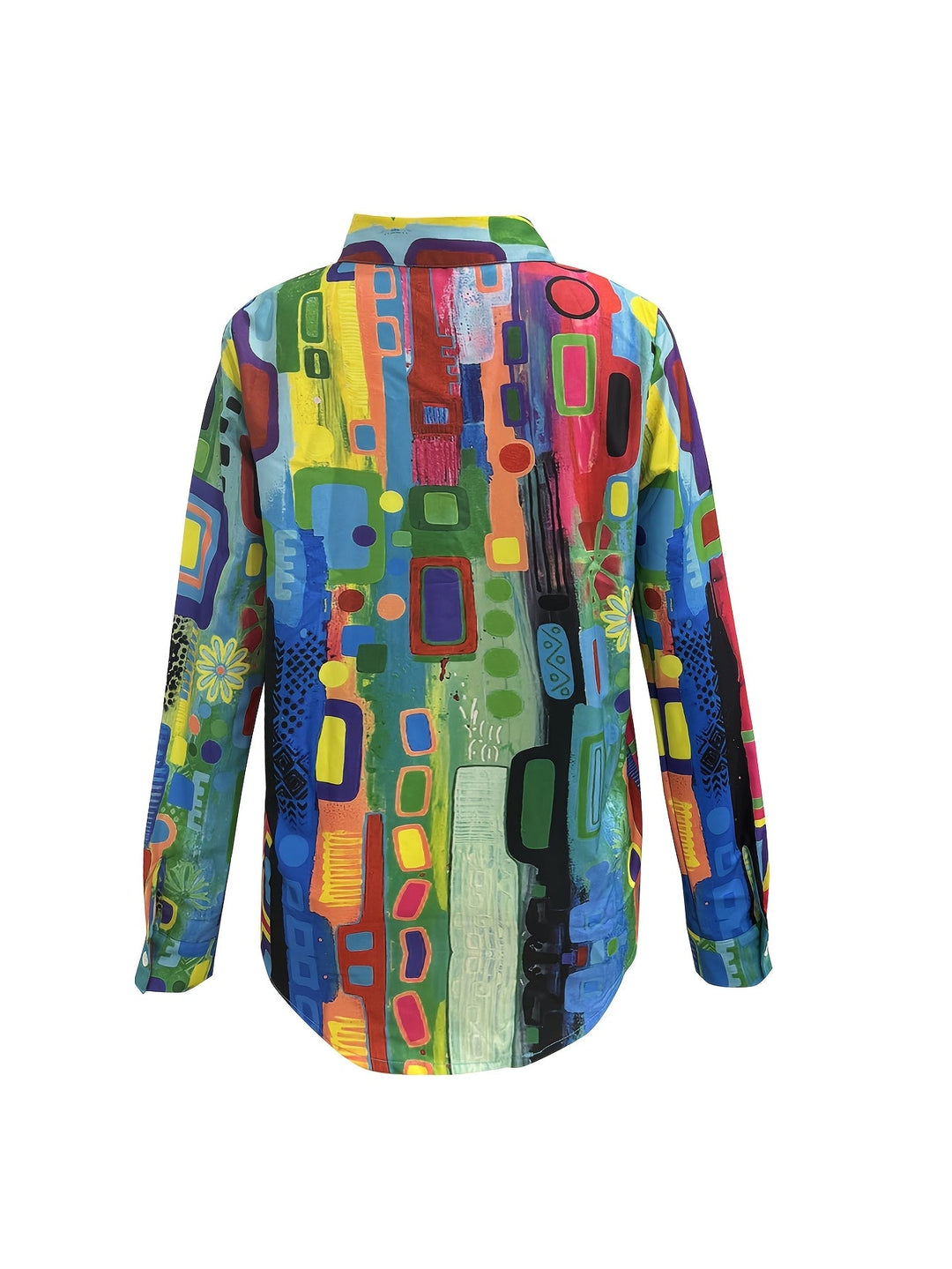 Back view of the vibrant geometric patterned women's shirt showing the curved hemline