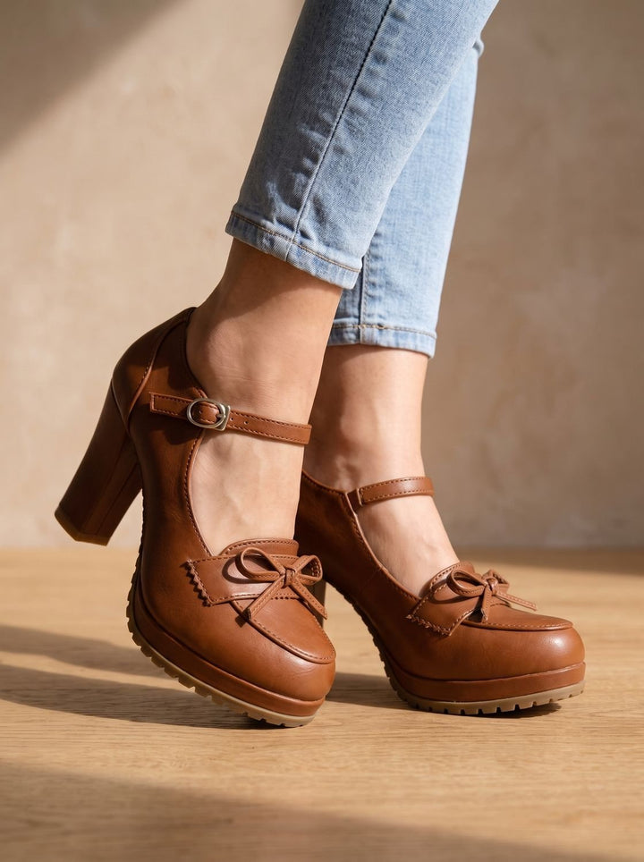 Pair of women's dress shoes with comfortable block heel and stylish bow detail
