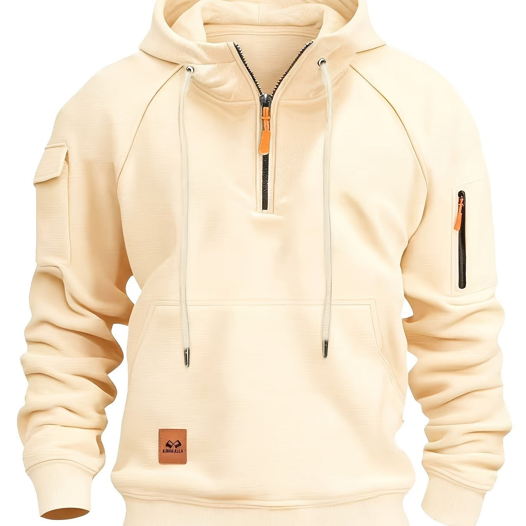 Outdoor adventure setting featuring men's rugged quarter-zip hoodie.