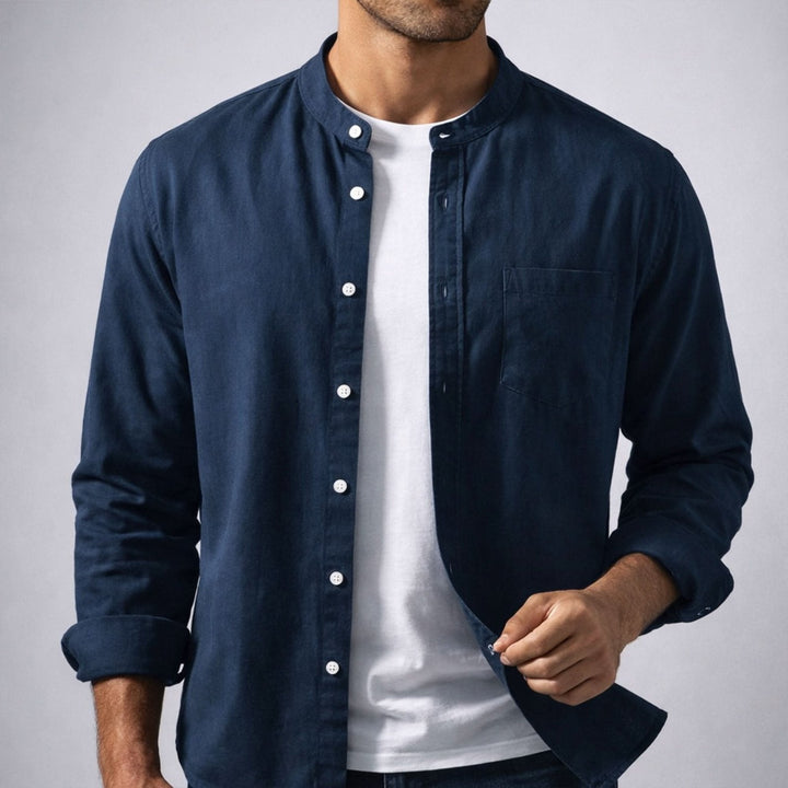 Overhead flat lay of men's casual shirt outfit
