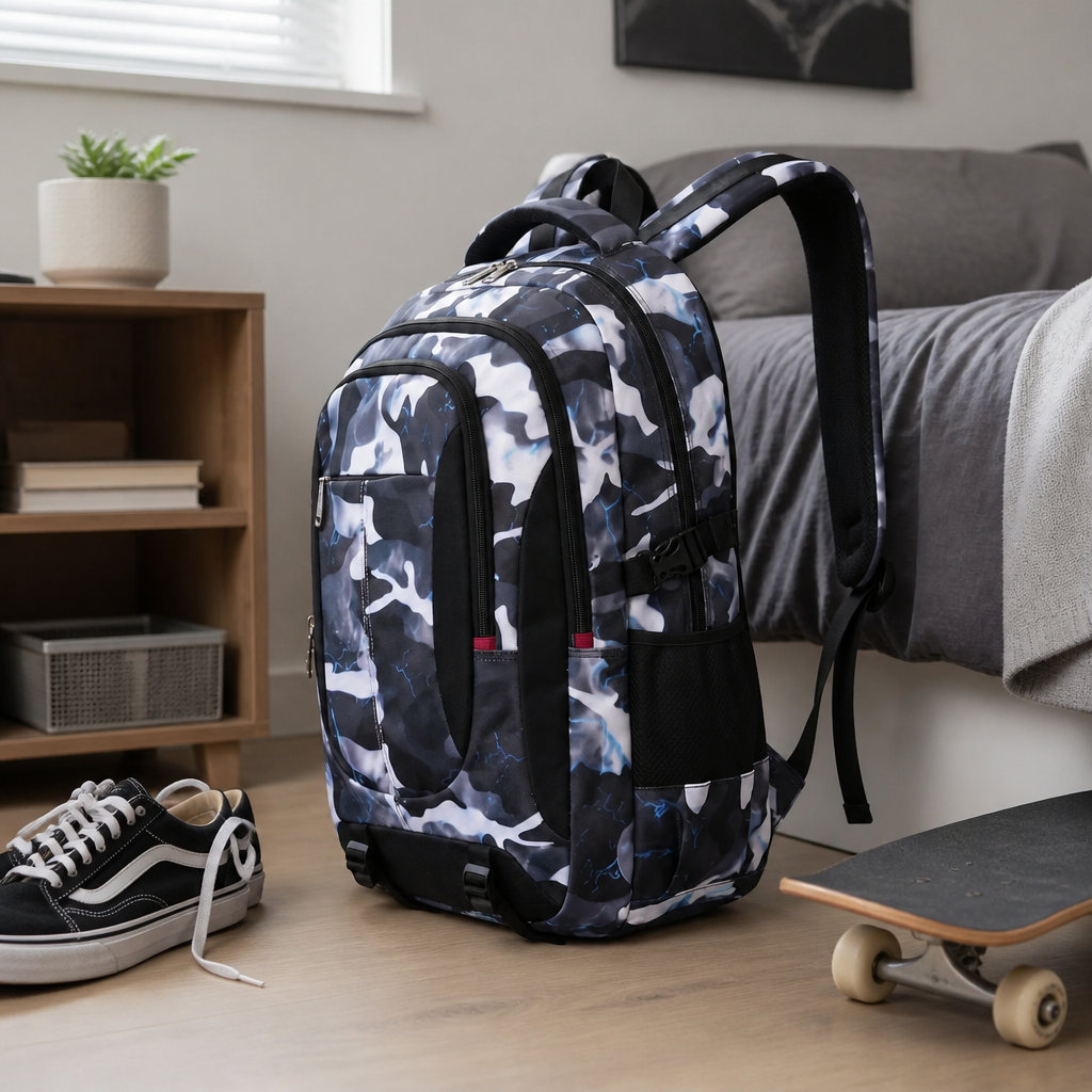 Structured boxy backpack resting on a wooden floor next to a skateboard and shoes