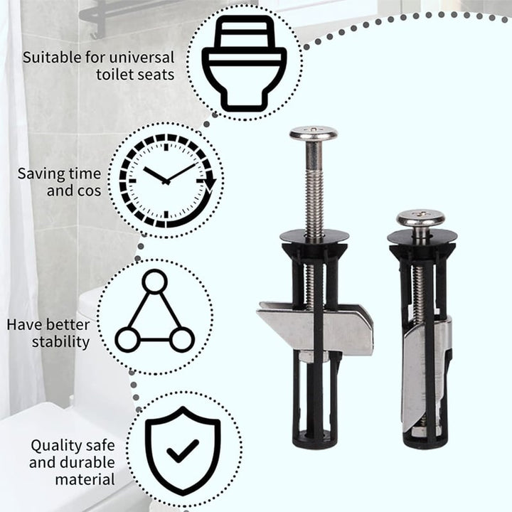 Close-up of stainless steel hinges and bathroom hardware for toilet seat installation
