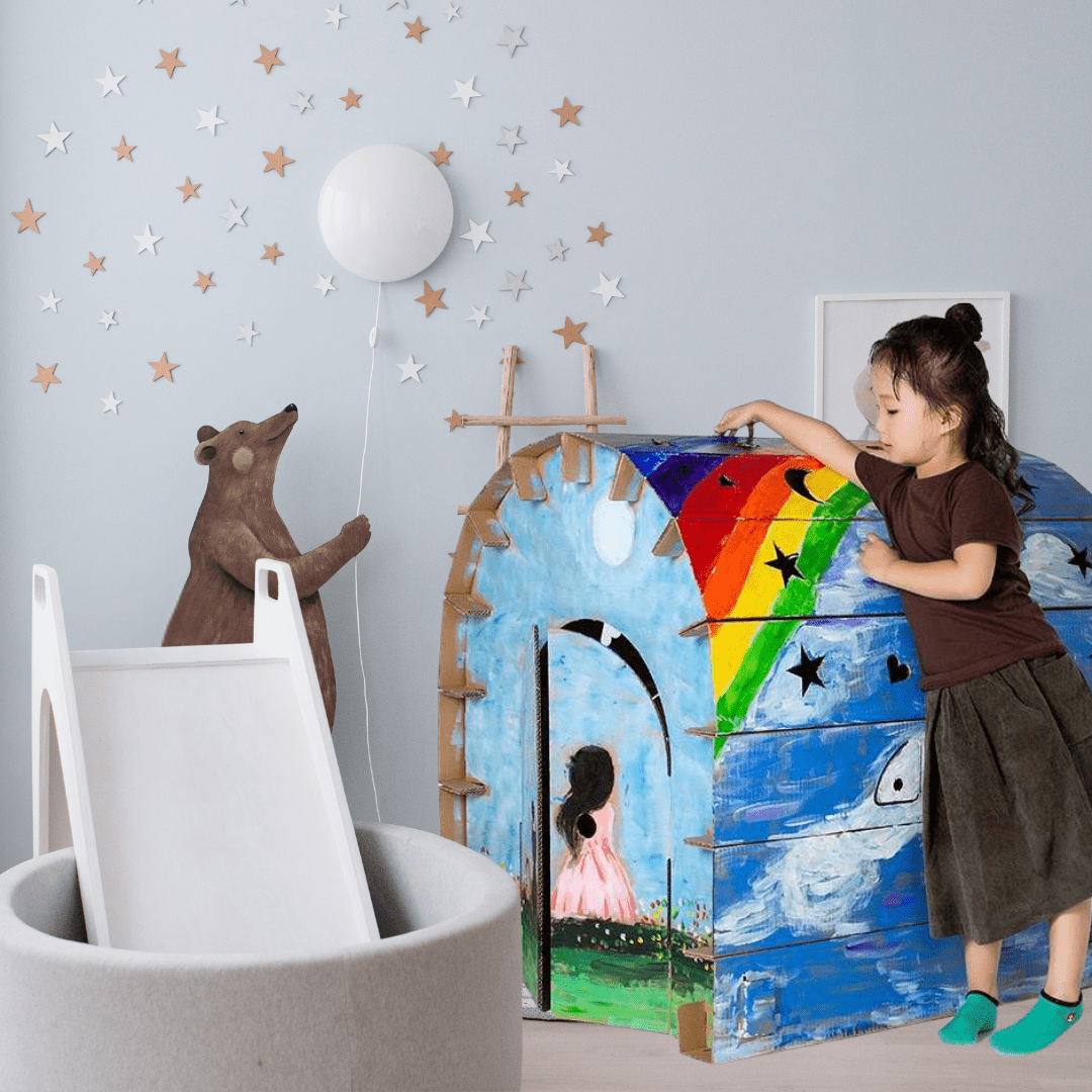 Creative cardboard activity set showing kids building toy structures