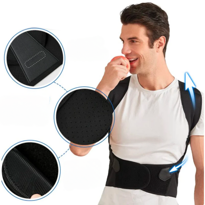 Unisex black posture corrector showing adjustable straps and spine alignment support