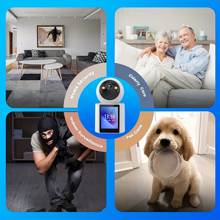 Close-up of pet monitor screen showing live video feed of a cat