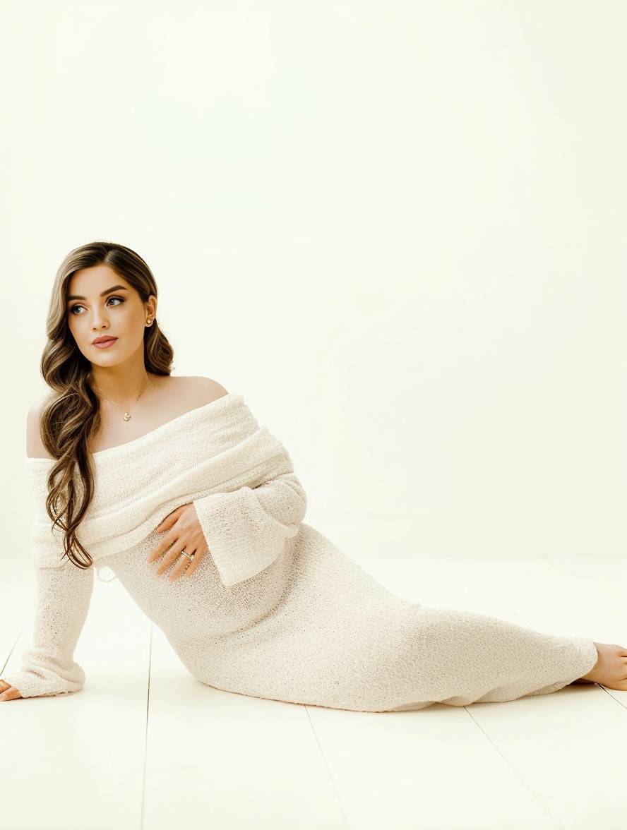 White off-the-shoulder maternity A-line dress showing long sleeves