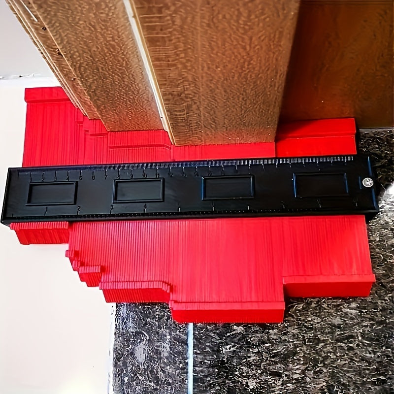 Red precision contour gauge measuring complex wooden door frame molding