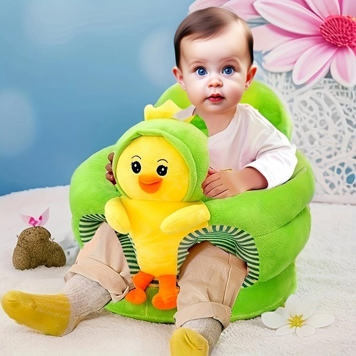 Plush infant support chair with ergonomic backrest and playful animal theme for nursery