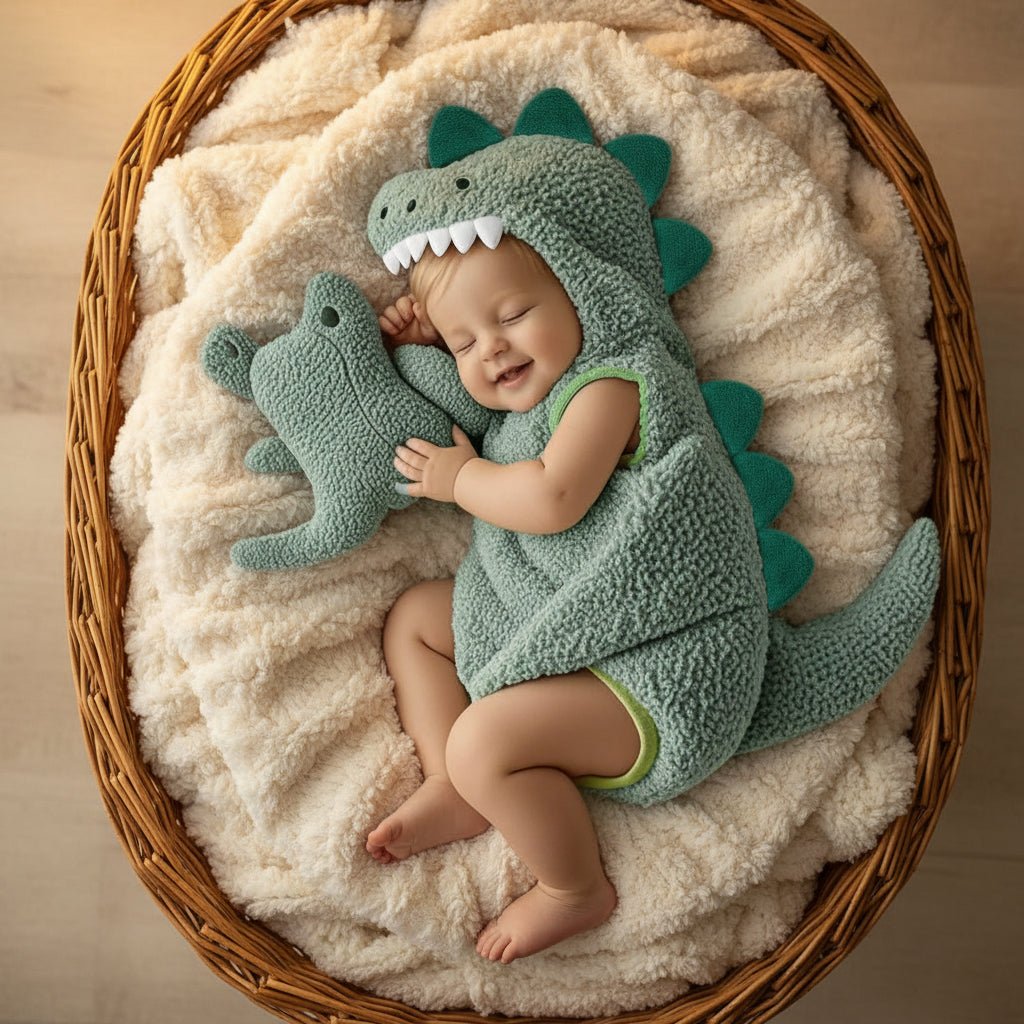 Sleeping baby wearing a light green dinosaur costume with a hood and plush tail in a basket