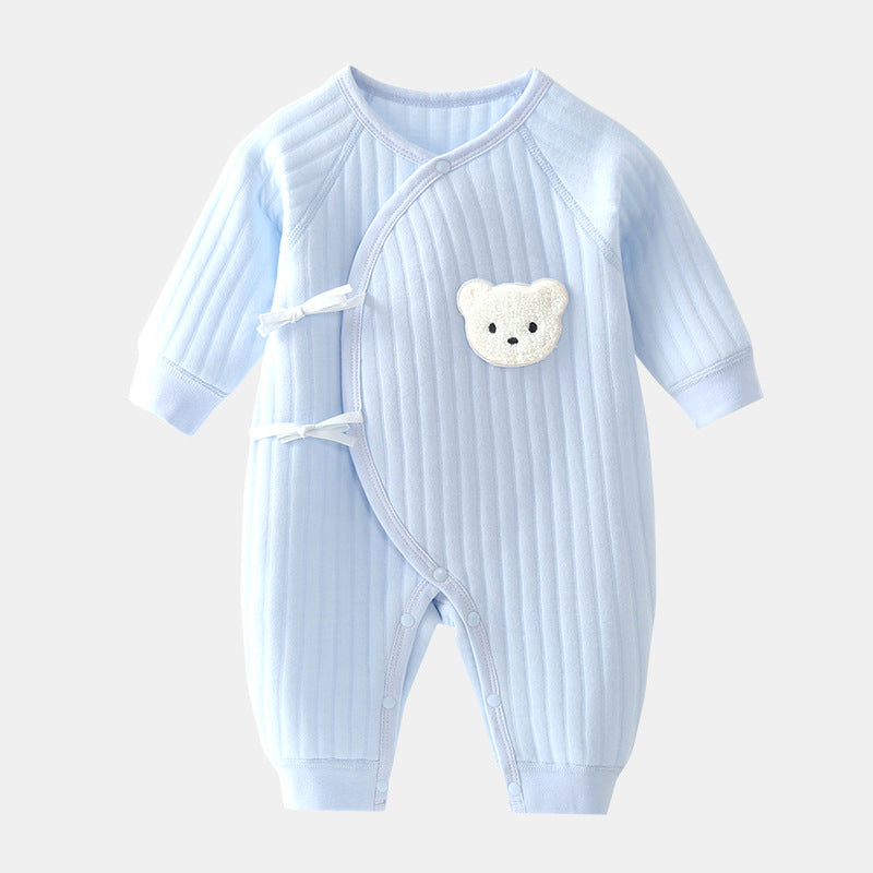 Light blue baby romper featuring a cute white bear applique on the chest