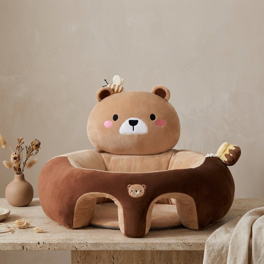 Soft baby sitting support seat in nursery decor style with backrest and leg holes