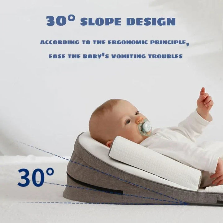 Baby resting comfortably on a 30-degree slope anti-reflux wedge pillow