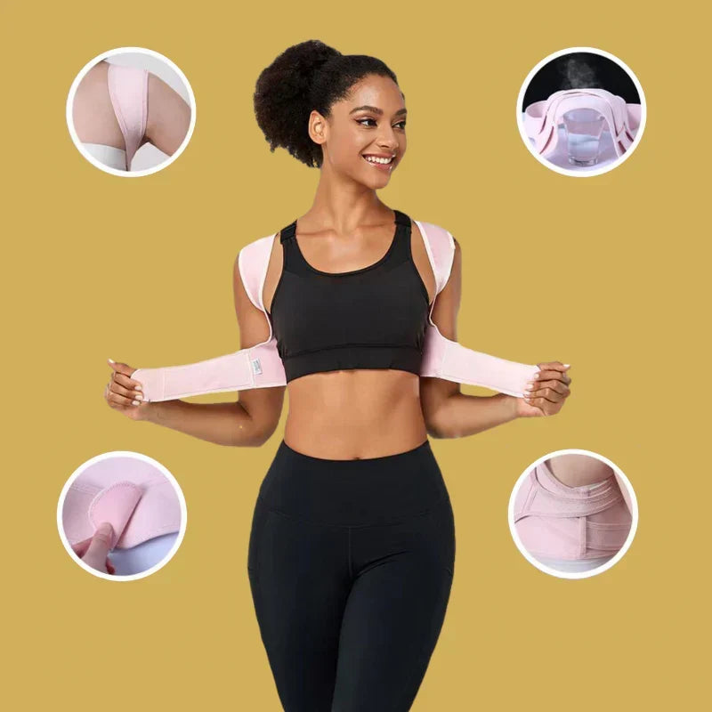 Unisex spine alignment and back support brace being worn discreetly under clothes.