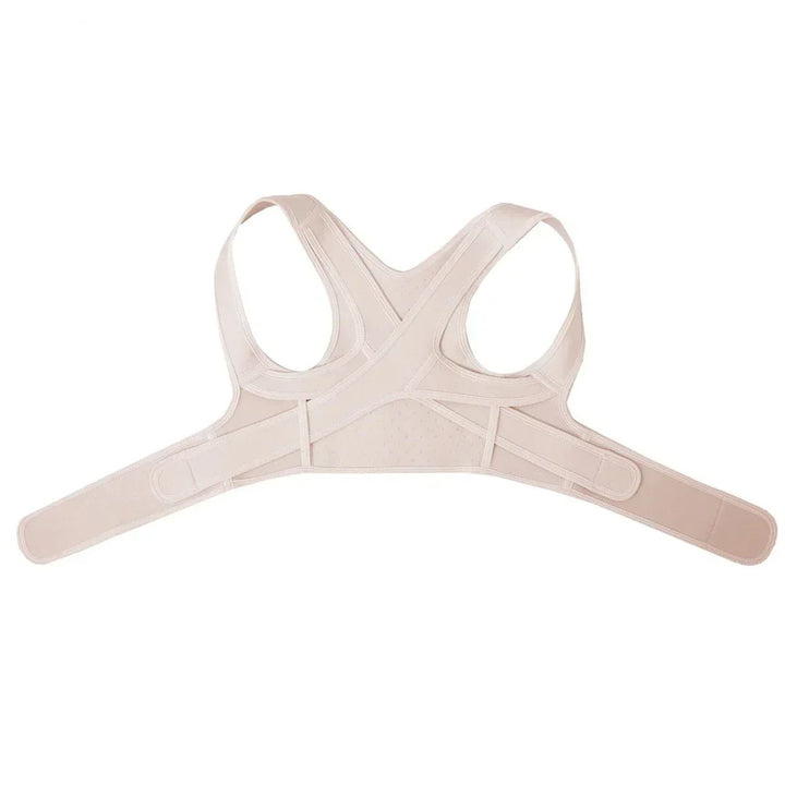 Ergonomic posture corrector and back pain relief belt laid flat to show design.