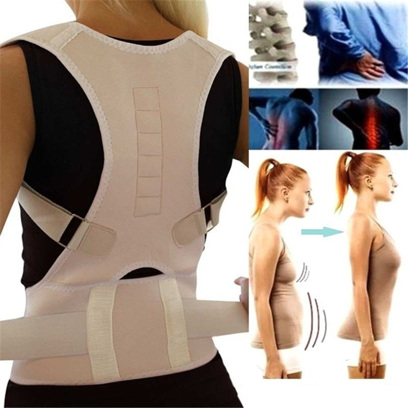 Beige posture correction back support belt worn by a female model