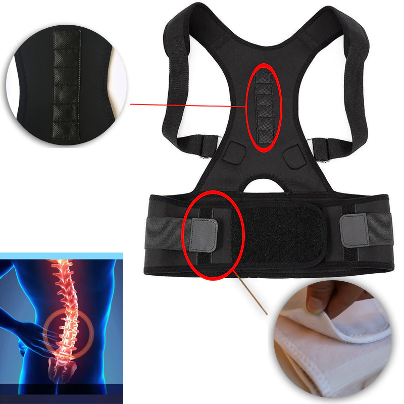 Close-up view of the adjustable straps and magnetic panel on the back support brace