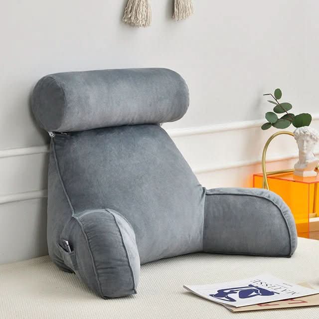 Gray ergonomic backrest reading pillow with arms and side pocket