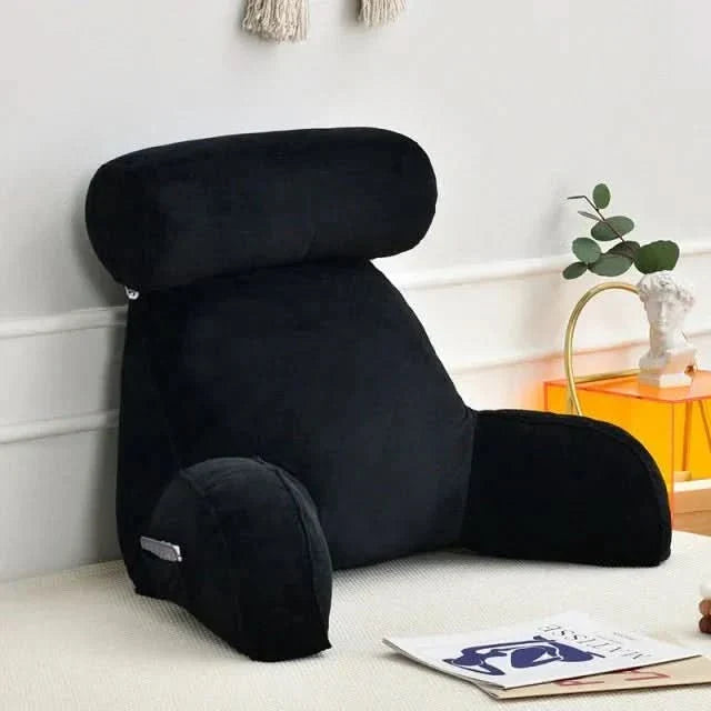 Black plush backrest reading pillow for bed and floor lounging