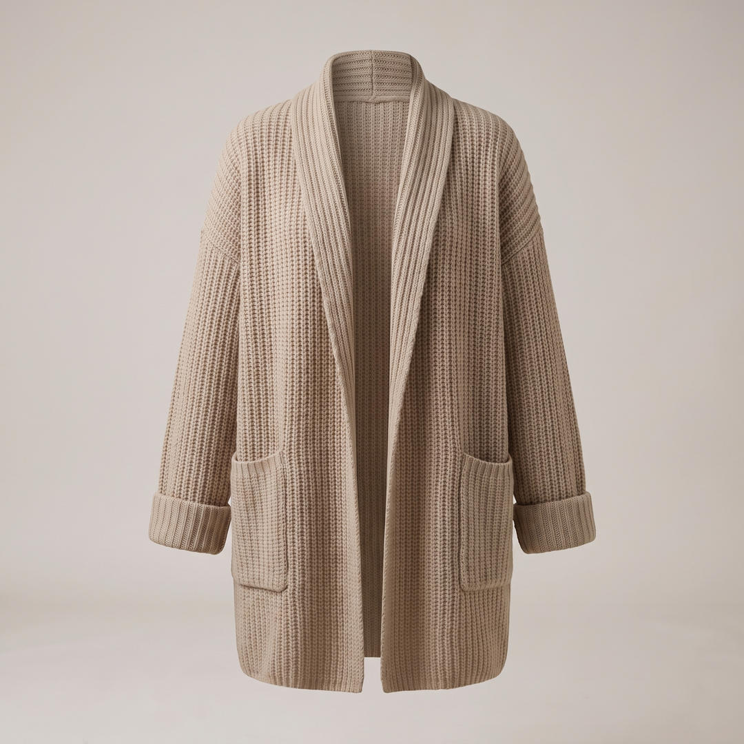 Back view of the casual open-front outerwear showing the relaxed fit