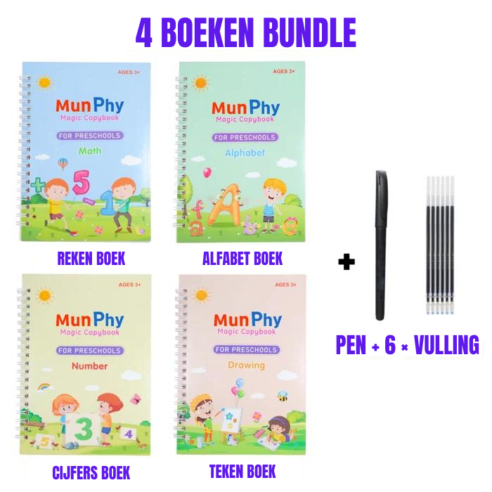 Four reusable magic copybooks with a pen and extra ink refills laid out together