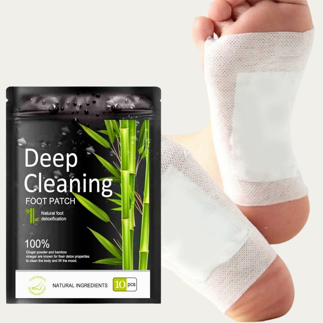 Unisex bamboo charcoal foot detox patches packaging next to feet with applied patches