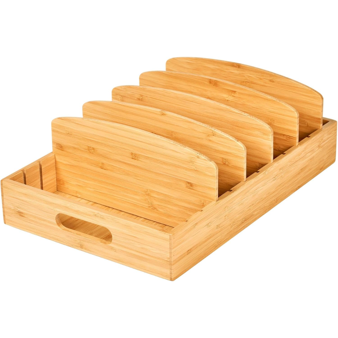 Bamboo kitchen lid organizer viewed from an angle showcasing dividers