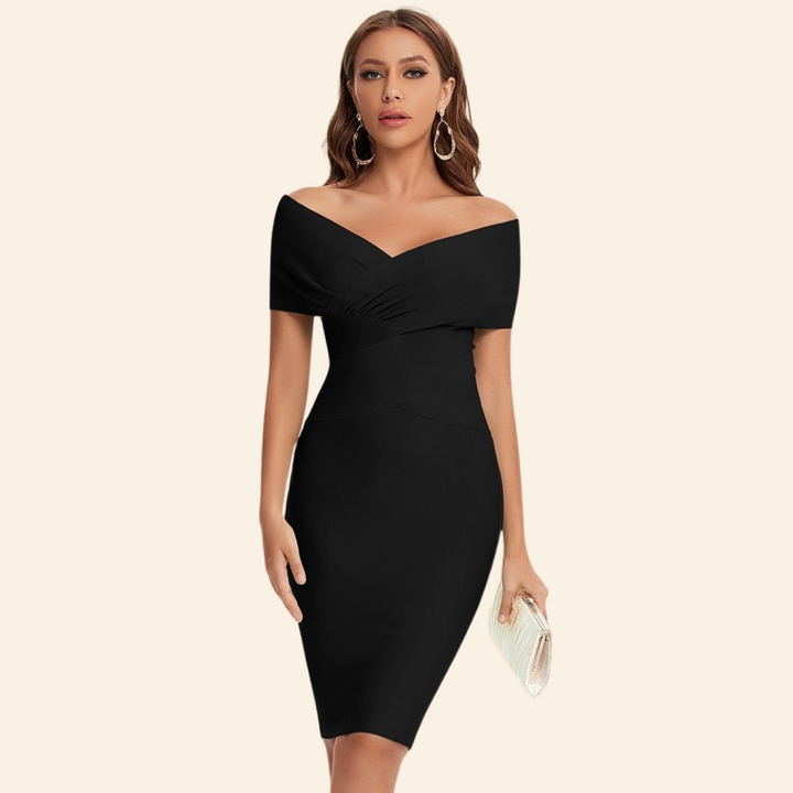 Model wearing black v-neck bodycon party dress holding a clutch