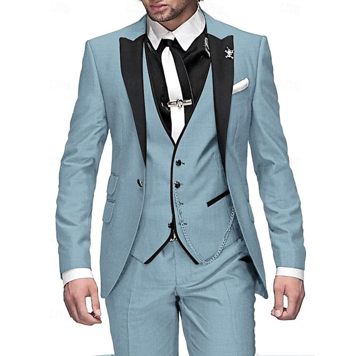 Mens tailored three piece formal suit jacket detail showing buttons and lapel