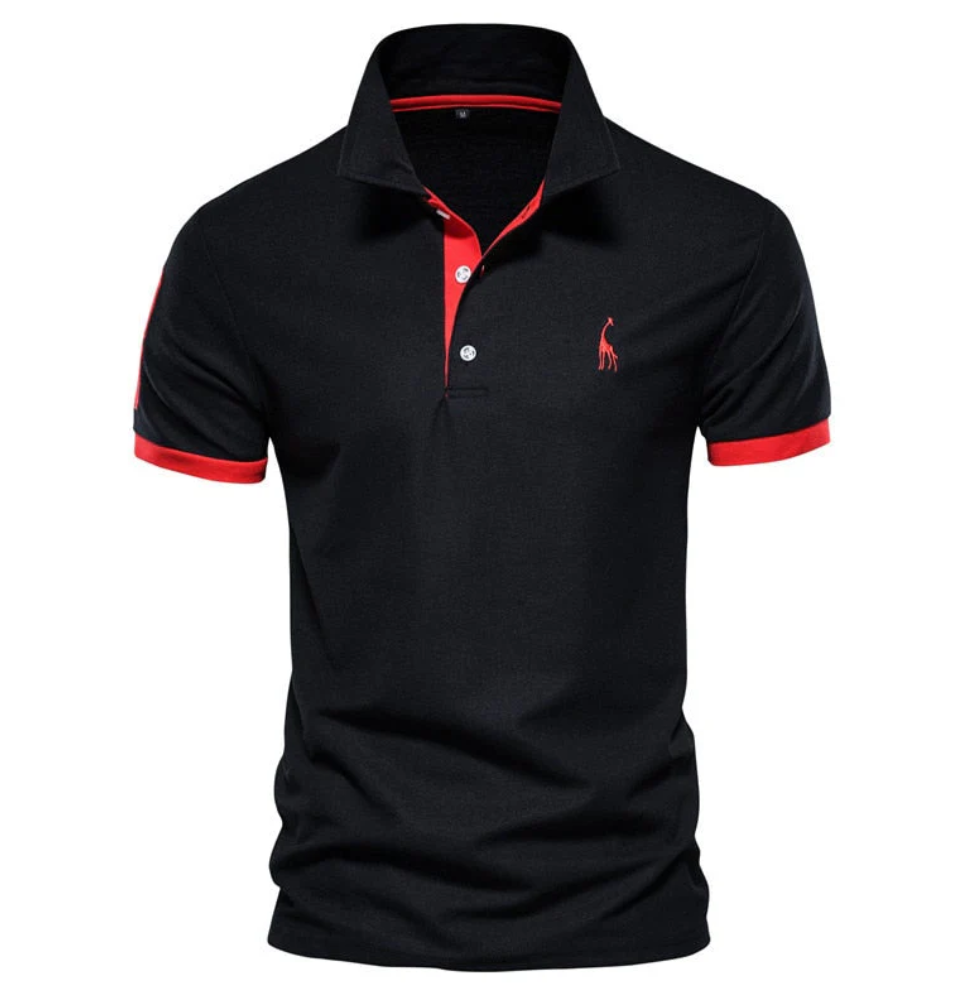 Men's black short sleeve polo shirt with red contrast trim and embroidered logo