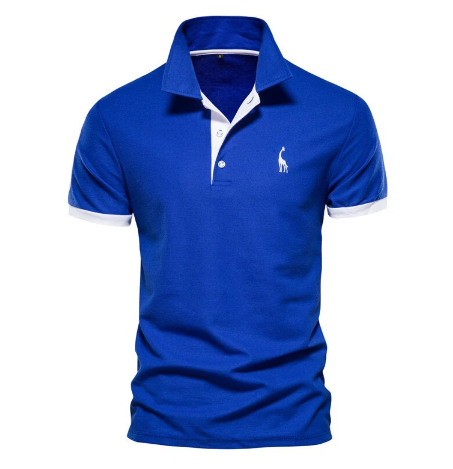 Men's blue short sleeve polo shirt with white collar and trim details