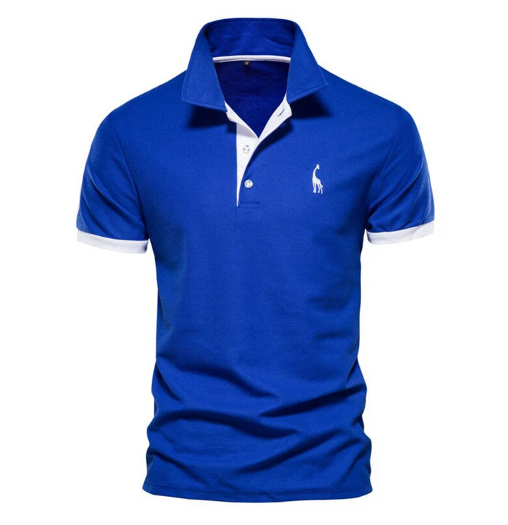 Men's blue short sleeve polo shirt with white collar and trim details