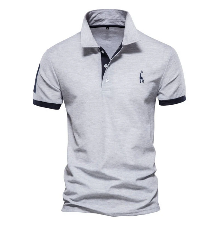 Men's grey short sleeve polo shirt featuring dark contrast collar and button placket