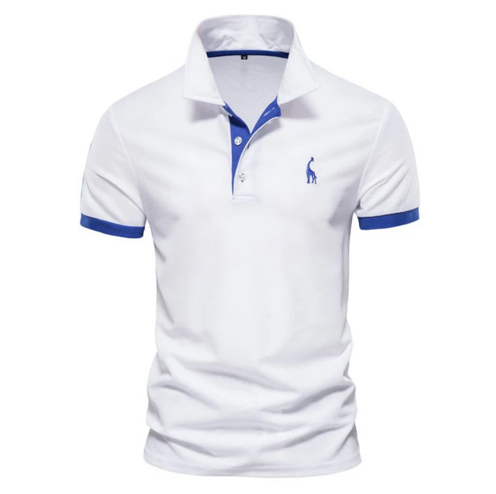 Close-up view of men's casual short sleeve polo shirt showcasing contrast trim