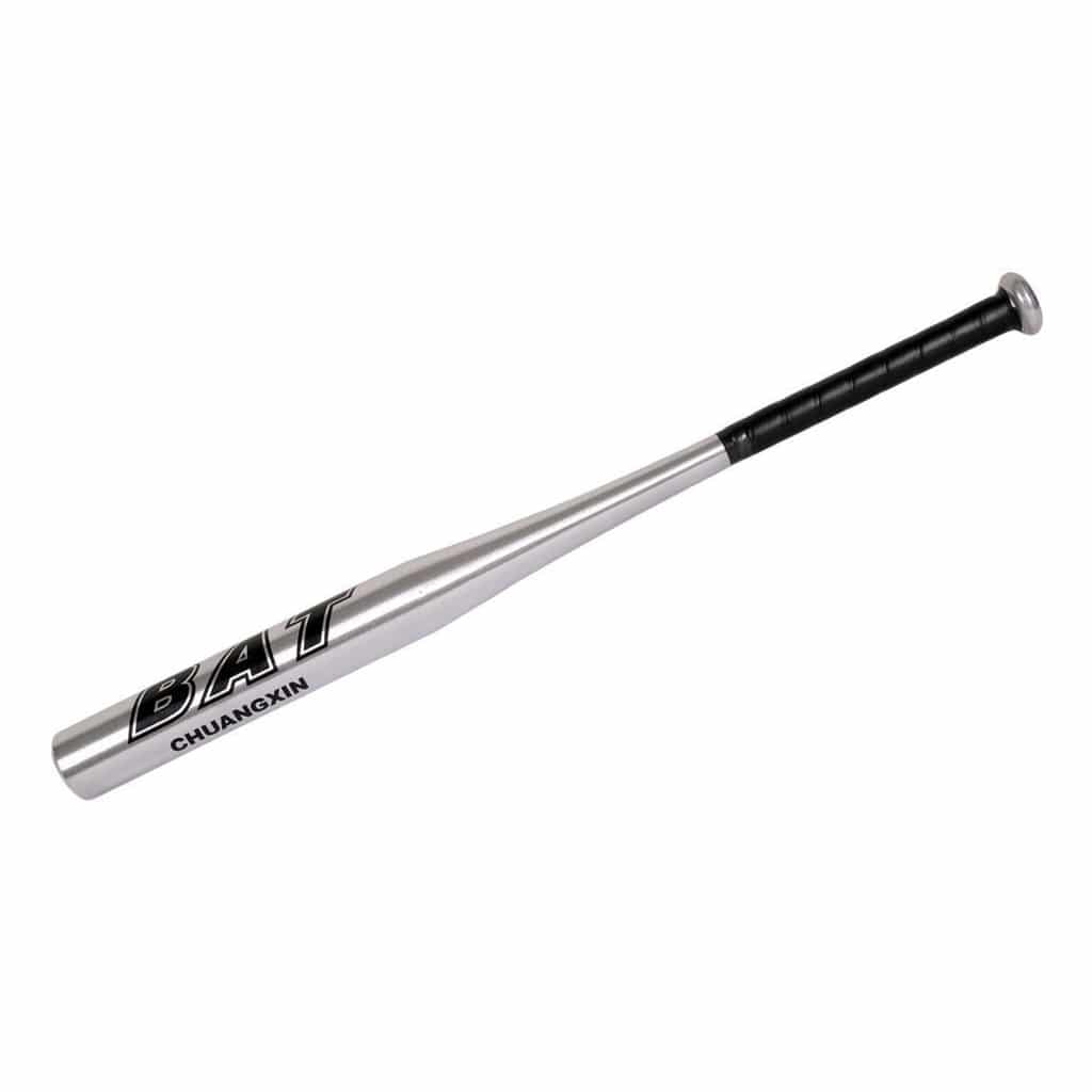 Silver aluminum baseball bat with black grip and included ball