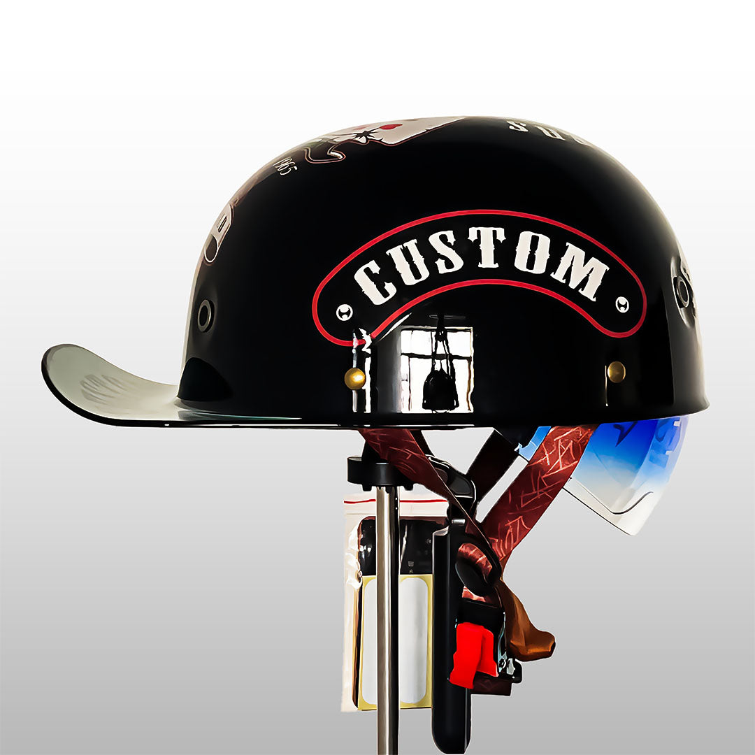 Streetwear half helmet designed like a baseball cap resting on a flat surface.