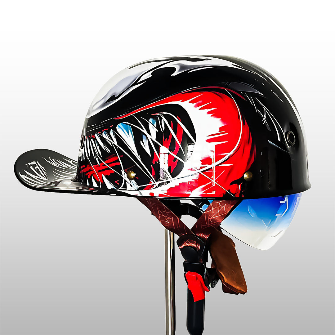 Safety gear motorcycle half helmet angled to show interior padding and comfortable fit.