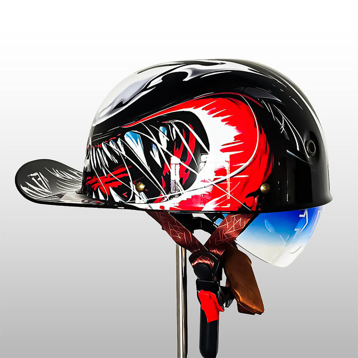 Safety gear motorcycle half helmet angled to show interior padding and comfortable fit.